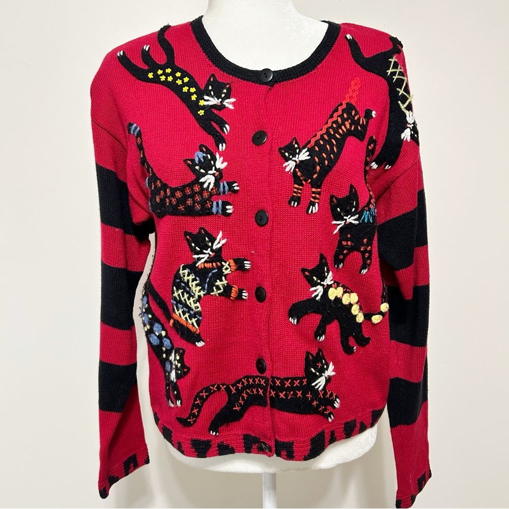 Vintage Susan Bristol Cats Knit Sweater Cardigan Red Black Grannycore Medium